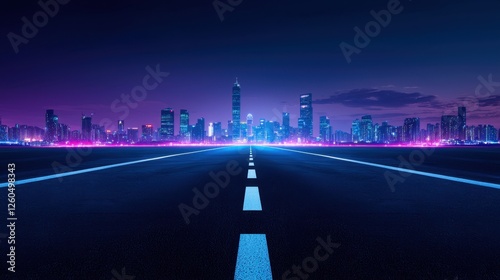 Urban Nightscape with Neon Lights and Empty Highway Perspective