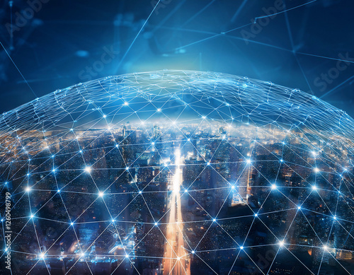 都市全体を覆う透明なドーム状の構造物の内側に、無数の光の線が幾何学模様を描きながら輝くデータやエネルギーが視覚化された都市景観