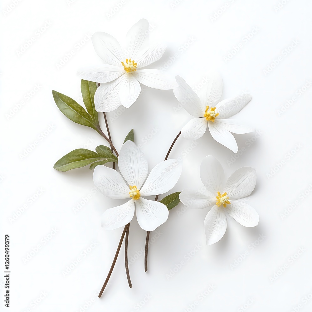 Obraz premium 3D flowers with white petals on white background, spring concept.