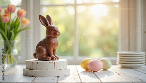 Chocolate Easter Bunny with Eggs: Stock photo for Easter promotions, children's books, blog posts, recipe cards, bakery advertisements photo