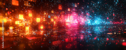 Wallpaper Mural A futuristic digital landscape unfolds before us, a vibrant tapestry of glowing red and blue blocks forming a reflective surface where countless shimmering particles dance and intertwine. Torontodigital.ca