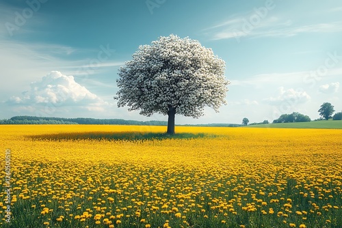 A solitary flowering tree stands amidst a vibrant yellow field under a clear blue sky