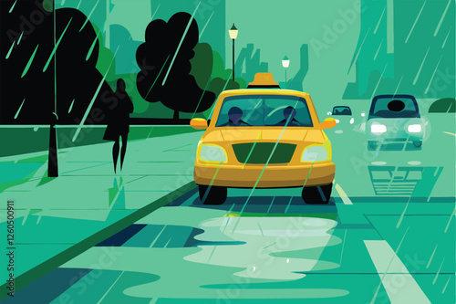 A yellow taxi cab struggles through a torrential downpour on a rain-slicked city street, headlights cutting through the gloom.