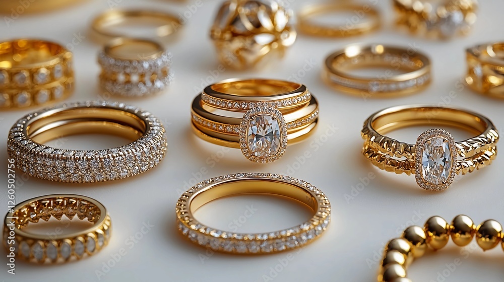 Elegant collection of gold and diamond rings arranged on a light surface in a well-lit setting for jewelry display Elegant collection of gold and diamond rings arranged on a light surface in a well-lit setting for jewelry display