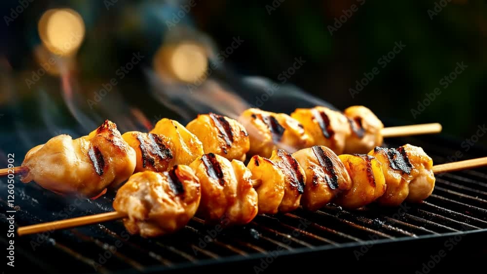 Close-up of grilled chicken skewers on a barbecue grill with visible smoke and char marks, against a blurred dark background with warm bokeh light effects.
