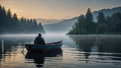 A man fishing on a lake in the morning from a boat