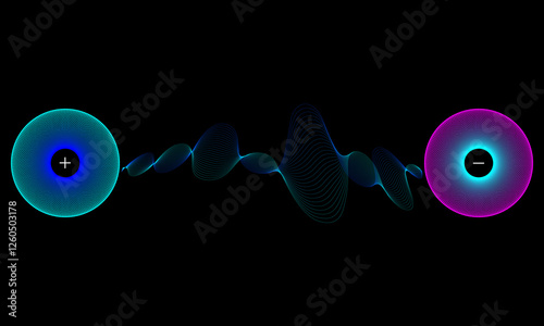 Positive and negative charge. Illustration of ionic, magnetic or wave interaction between two particles.