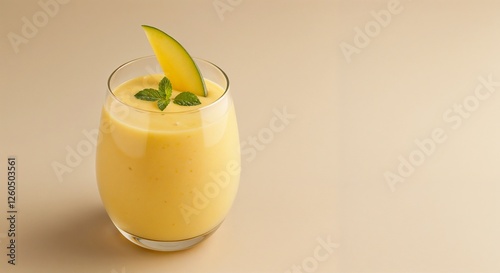 Creamy Mango Lassi, Refreshing and Sweet, Garnish with mint, Against a Cream Background with Copy Space