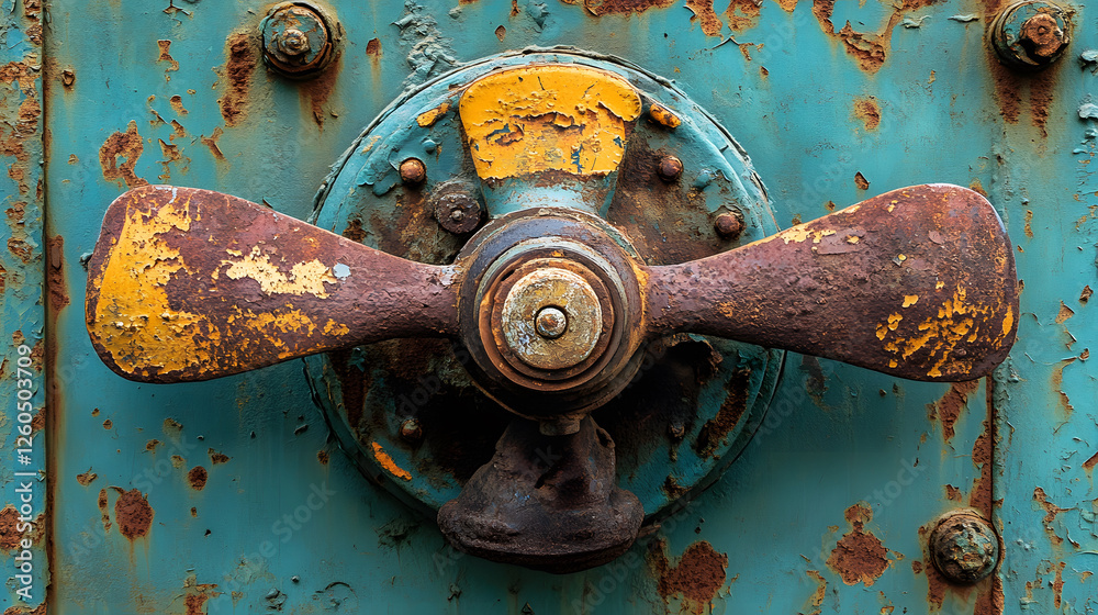 A close-up of a weathered, rusty propeller on a teal surface, showcasing intricate details and vibrant color contrasts A close-up of a weathered, rusty propeller on a teal surface, showcasing intricate details and vibrant color contrasts