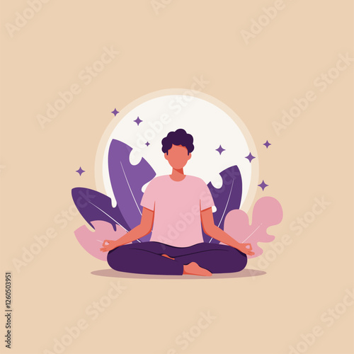 Person Meditating in Lotus Position Surrounded by Leaf Illustrations