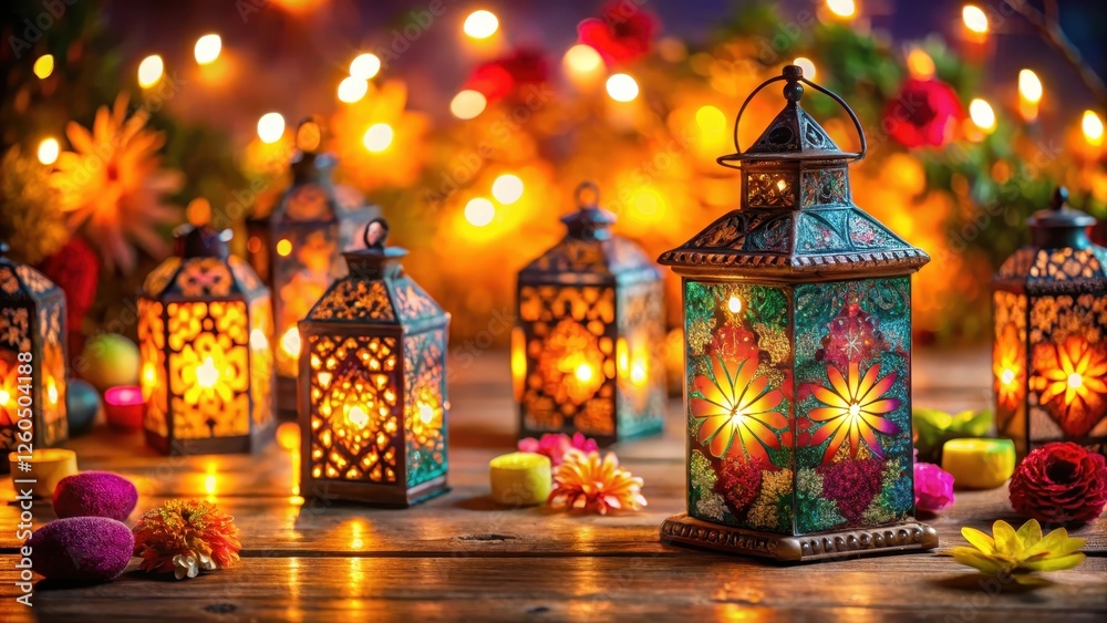 Fototapeta premium Decorative Diwali lanterns with colorful LED lights and intricate patterns on a wooden table