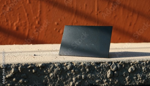 Obraz na płótnie Urban Concrete Business Card. Textured dark business card resting on rough concrete surface with vibrant orange background, creating industrial design aesthetic. w salonie