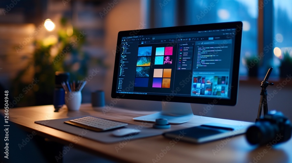 Designer's workspace computer screen shows design projects, night setting Designer's workspace computer screen shows design projects, night setting