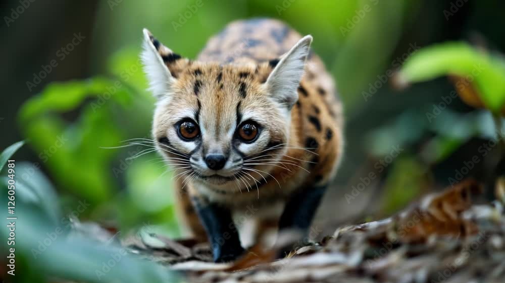 Close-up of a young serval cat crouching on the forest floor among green leaves and natural surroundings Close-up of a young serval cat crouching on the forest floor among green leaves and natural surroundings