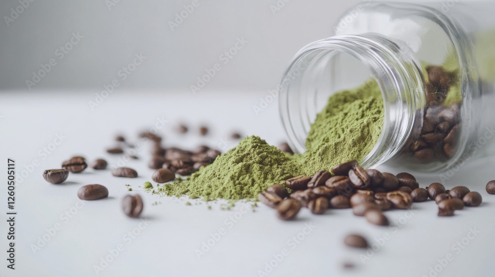 Green Powder and Coffee Beans Spilling from a Glass Jar on Table Green Powder and Coffee Beans Spilling from a Glass Jar on Table