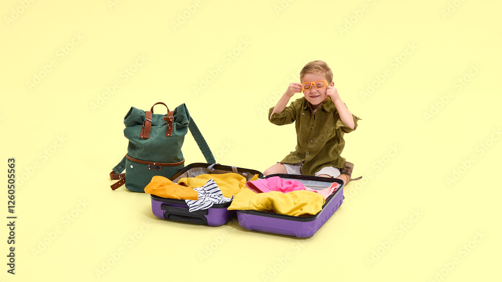 Boy sitting, putting glasses on, open suitcase with clothes beside him, green backpack nearby, against yellow background. Concept of childhood, vacation, travelling, tourism Boy sitting, putting glasses on, open suitcase with clothes beside him, green backpack nearby, against yellow background. Concept of childhood, vacation, travelling, tourism