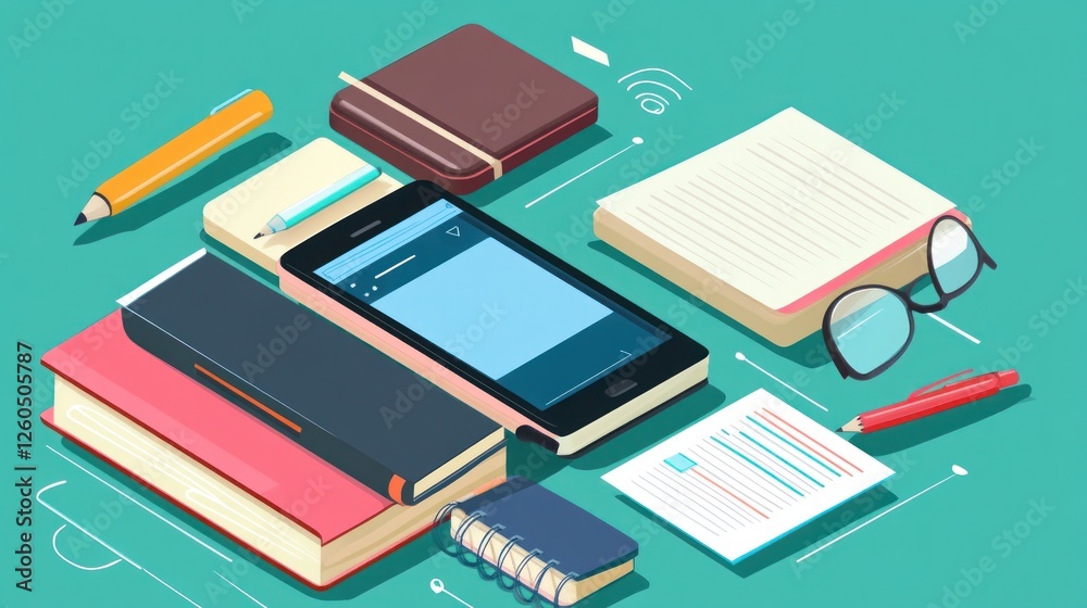 Isometric Workplace Concept with Books, Mobile Device and Stationery Isometric Workplace Concept with Books, Mobile Device and Stationery