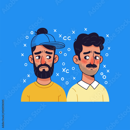 Two Cartoon Men Looking Sad Against a Blue Background with Accents