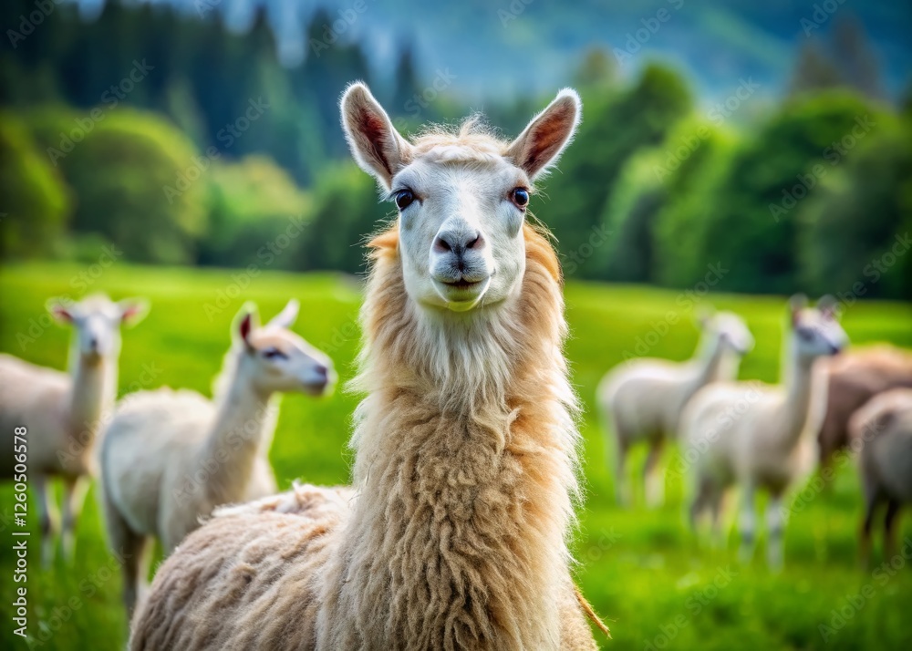 Majestic Llama in Pasture, Sheep Grazing in Background - Stock Photo Majestic Llama in Pasture, Sheep Grazing in Background - Stock Photo