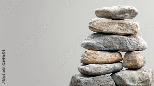 Stacked stones create a serene balance. The sculpture stands against a plain background, showcasing harmony, zen, and the art of rock balancing. photo