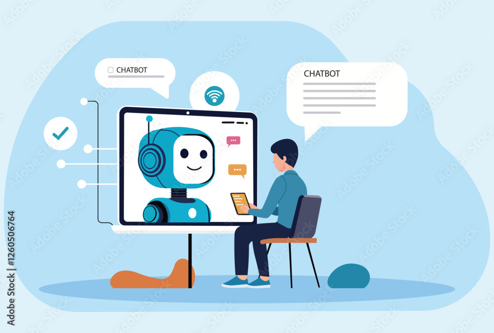AI chatbot assistance concept illustration. A man interacts with a virtual chatbot on a computer screen using a smartphone. Futuristic artificial intelligence, technology, and digital communication. AI chatbot assistance concept illustration. A man interacts with a virtual chatbot on a computer screen using a smartphone. Futuristic artificial intelligence, technology, and digital communication.