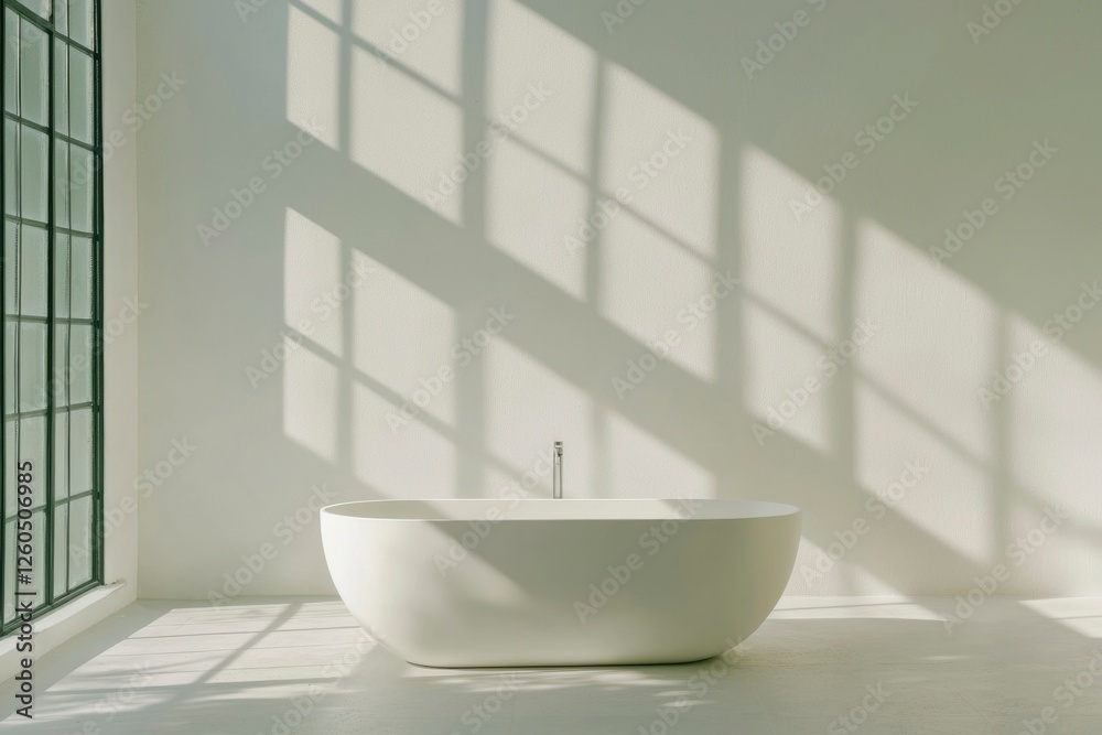 Minimalist bathtub bathing in sunlit empty room, creating relaxation and calmness Minimalist bathtub bathing in sunlit empty room, creating relaxation and calmness
