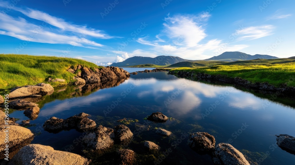 Fototapeta premium A serene landscape featuring a calm river reflecting the sky, surrounded by lush green hills and rocky formations