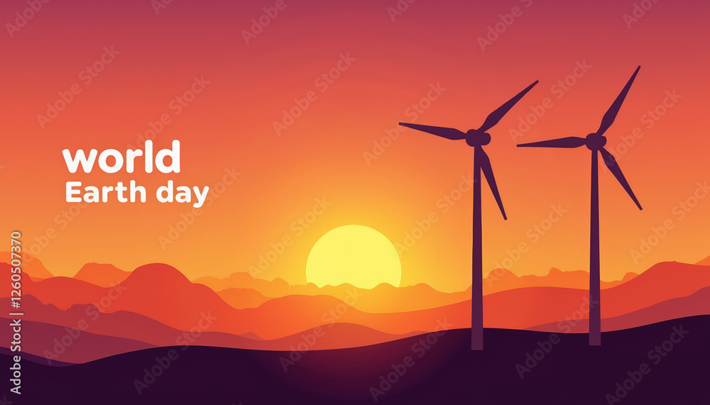 Obraz premium World Earth Day sunset with wind turbines