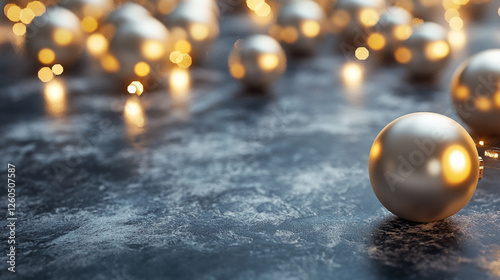 Elegant silver Christmas ornaments gleam on a textured surface, casting a warm, festive glow. Perfect for holiday spirit. photo