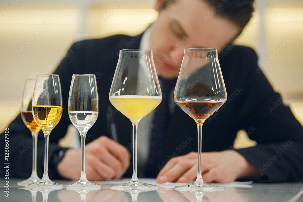 Sommelier makes notes on the tasting card. Blind tasting of various alcoholic beverages, close up. Sommelier makes notes on the tasting card. Blind tasting of various alcoholic beverages, close up.