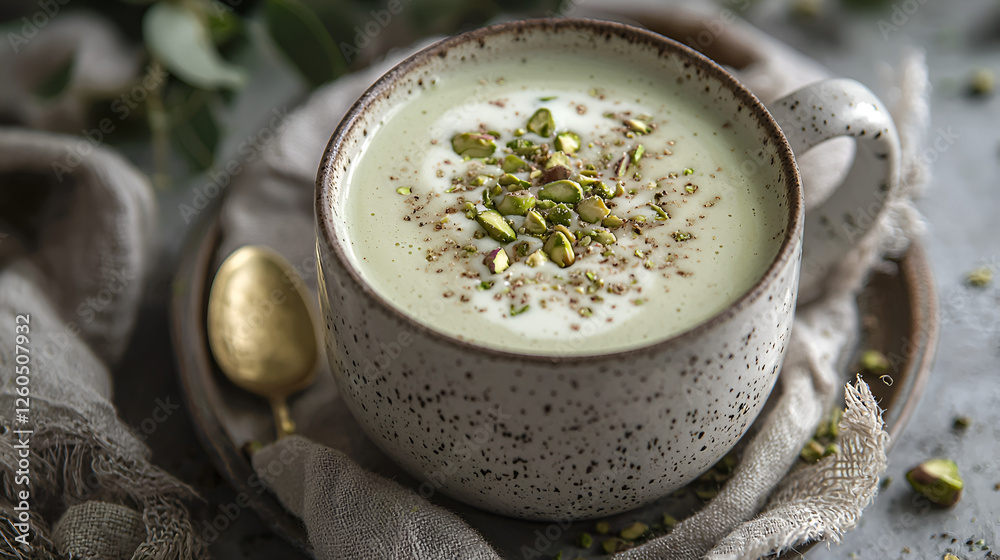 A bowl of creamy green soup topped with pistachios, golden spoon, and a rustic linen. Comfort food elegance. A bowl of creamy green soup topped with pistachios, golden spoon, and a rustic linen. Comfort food elegance.