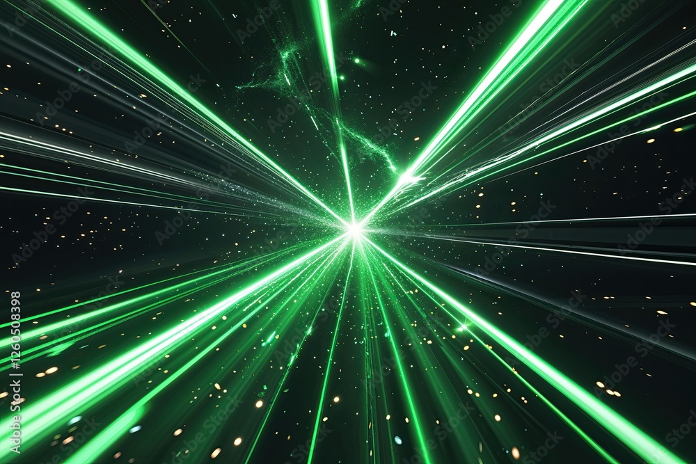Fototapeta premium Emerald Green Laser Racing Through Dark Galaxy with Lens Distortion and Sparkling Particles Effect