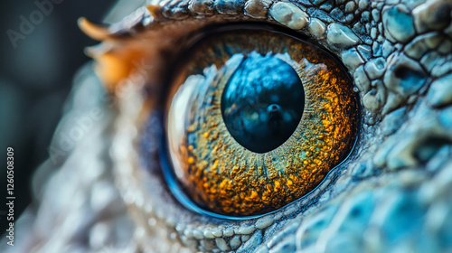 Lizard eye macro shot with detailed scales and a blue and gold iris showcasing its texture and color. Reptile, close-up, detailed. photo