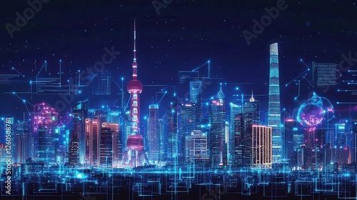 Illuminated Shanghai Skyline Connected by Digital Network
