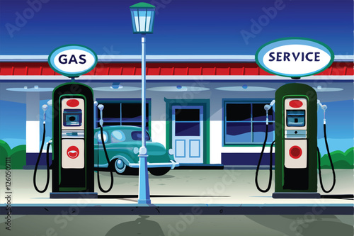 A vintage gas station scene, featuring classic gas pumps, weathered signage, and an old, rusty vehicle.  Focus on nostalgic details.