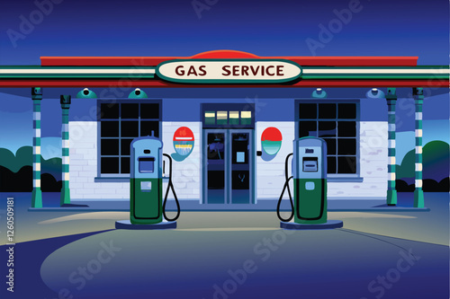 A vintage gas station, circa 1950s, featuring classic gas pumps,  worn signage, and a nostalgic roadside setting.  Details matter!