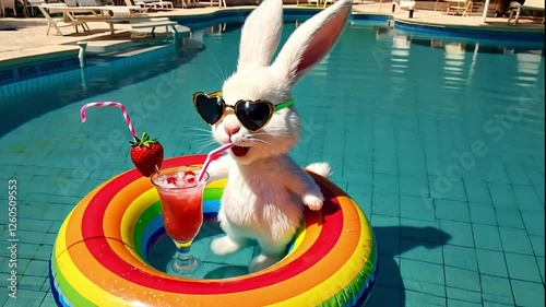 Cheerful bunny with glasses with cocktail and inflatable circle in pool