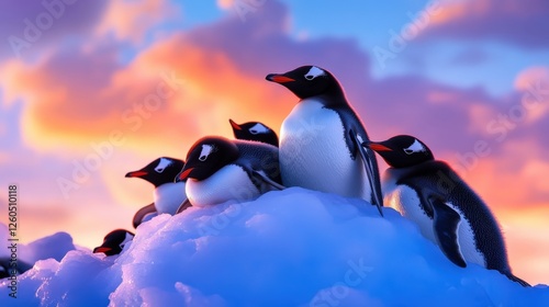 A group of penguins huddled together on a snowy surface, set against a stunning sunset backdrop. Their charming demeanor and the picturesque scenery create a serene winter scene. photo