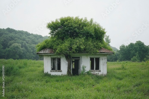 House overgrown by tree, nature reclaims property, rural setting, conceptual image photo