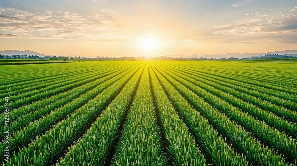 Wide-angle view of lush green rice fields with rows clearly visible, bathed in golden sunlight shining through clouds during sunset Wide-angle view of lush green rice fields with rows clearly visible, bathed in golden sunlight shining through clouds during sunset