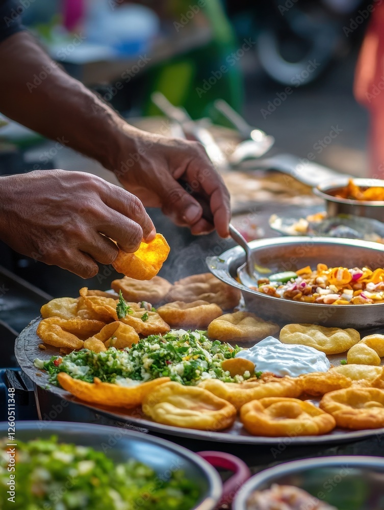 A street vendor preparing chaat, hands assembling crispy puris with yogurt and chutneys A street vendor preparing chaat, hands assembling crispy puris with yogurt and chutneys