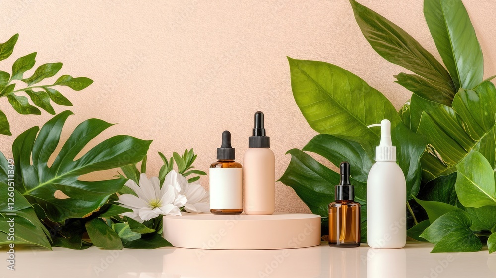 A simple yet stylish podium with a fresh spring leaf backdrop, ideal for showcasing beauty and wellness products. A simple yet stylish podium with a fresh spring leaf backdrop, ideal for showcasing beauty and wellness products.