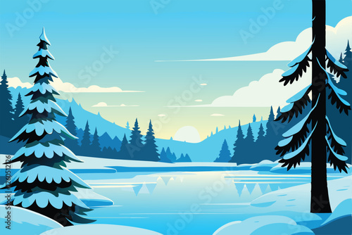 A serene winter landscape featuring a frozen lake, completely covered in pristine snow, under a clear sky.  The scene evokes tranquility and cold beauty.