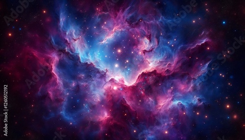 Cosmic Dance: An ethereal cosmic nebula shimmers in a symphony of pink and blue, its swirling clouds dusted with twinkling stars, evoking wonder and awe.