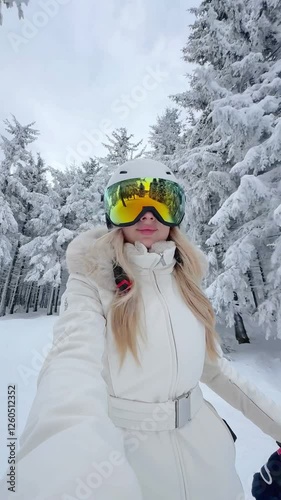 A young woman skis down a snowy mountain, a girl in a ski suit takes a selfie on a ski vacation in the mountains