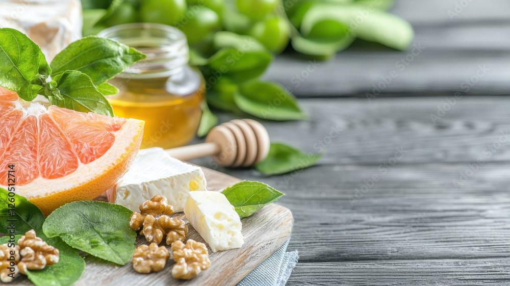 creative pairing of grapefruit, cheese, honey, and walnuts on wooden board, surrounded by fresh green leaves and grapes creative pairing of grapefruit, cheese, honey, and walnuts on wooden board, surrounded by fresh green leaves and grapes