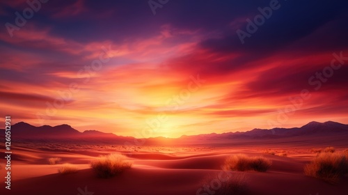 A breathtaking sunset over rolling sand dunes with vibrant colors lighting up the sky