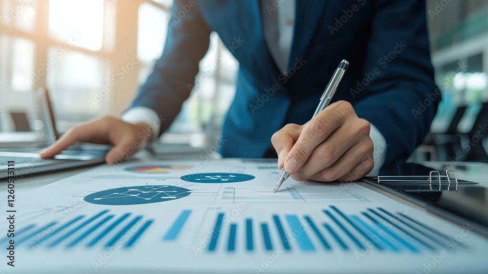 A business professional analyzes data and charts while taking notes in a modern office setting. A business professional analyzes data and charts while taking notes in a modern office setting.