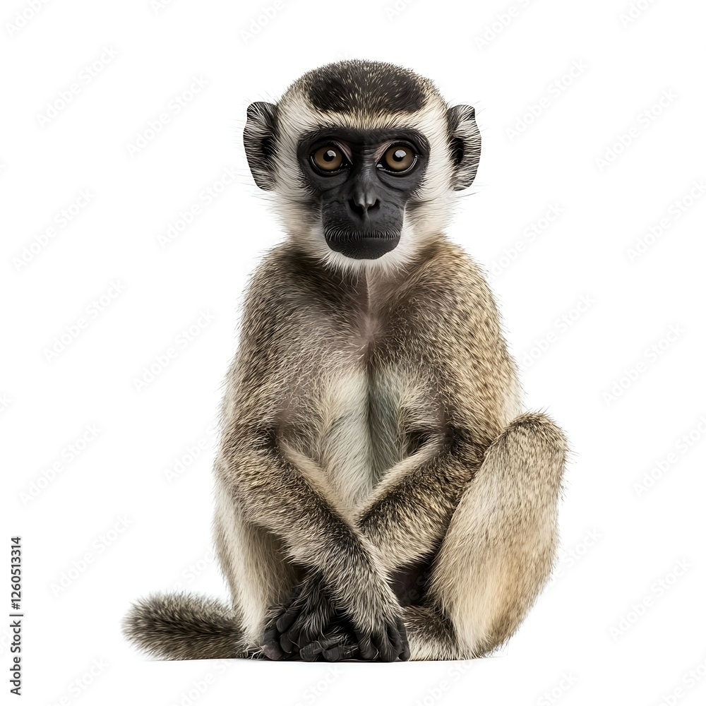 Fototapeta premium Young monkey sitting, white background, wildlife, adorable primate, zoology
