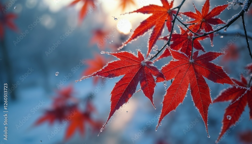 Frosty Red Maple Leaves in Winter Serenity Frosty Red Maple Leaves in Winter Serenity
